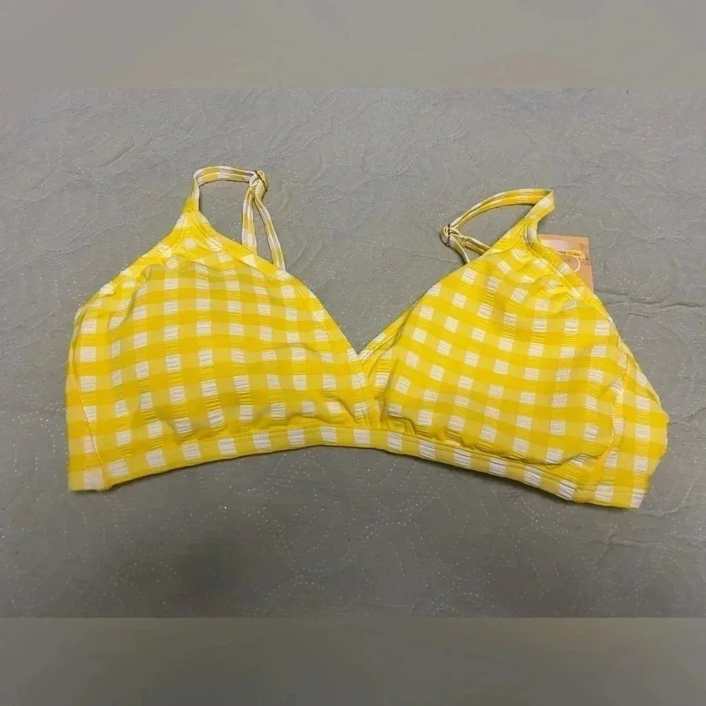 Kona Sol Yellow Gingham Bikini Top Size Medium 8-10 New NWT Checkered